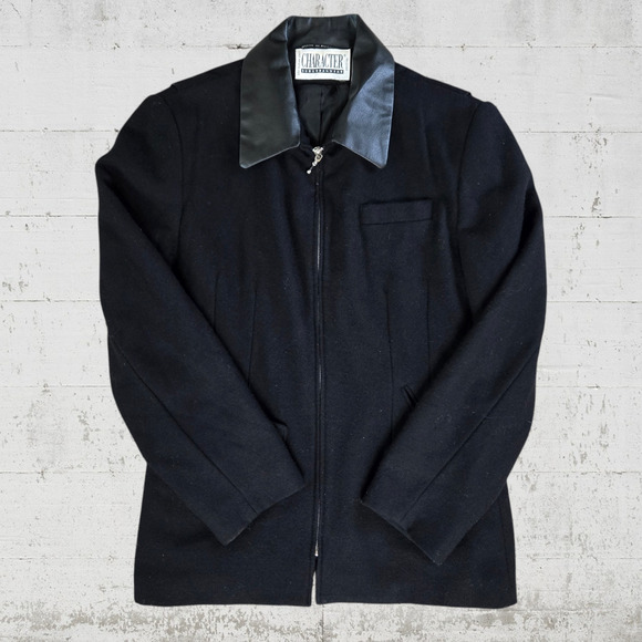 Vintage Jackets & Blazers - 80s Vintage Black Wool Leather Contrast Collar Zip Up Streetwear Jacket Size 12